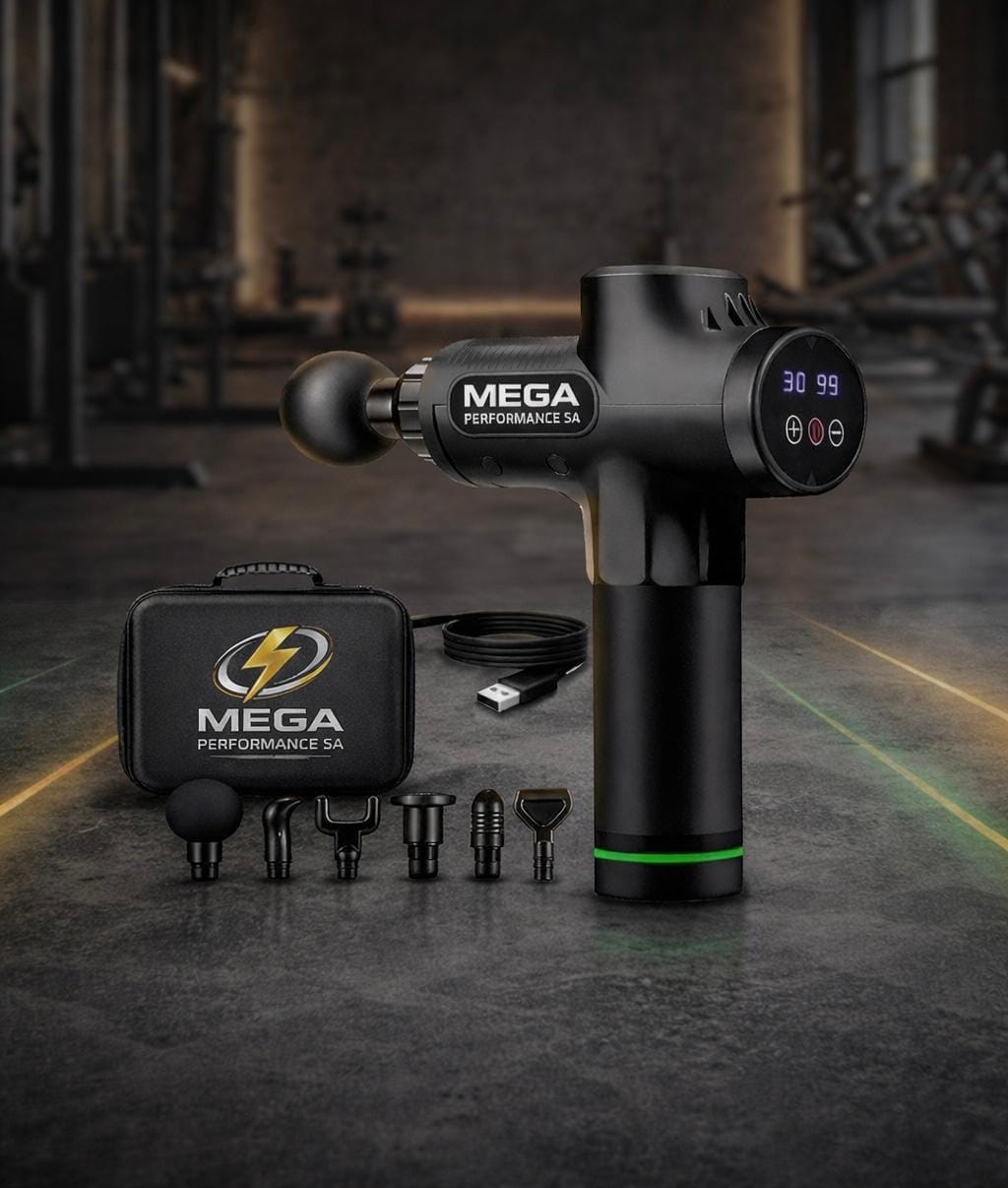 Mega Massage Gun with interchangeable heads and carrying case