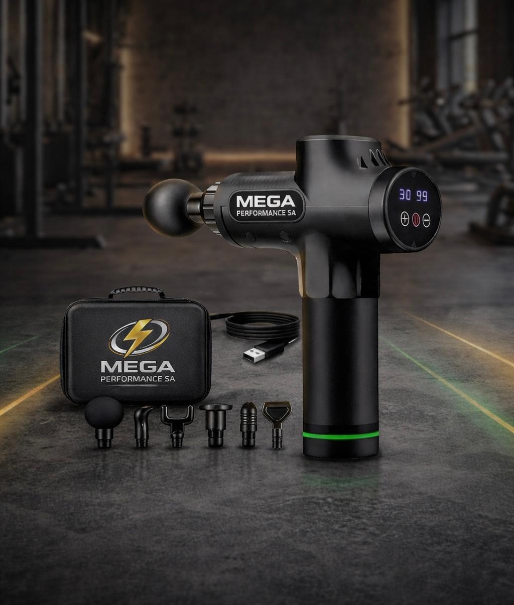 Mega Massage Gun with interchangeable heads and carrying case